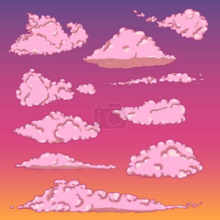 Ilustración de Conjunto vectorial de nubes de dibujos animados en el fondo del cielo al atardecer - Imagen libre de derechos
