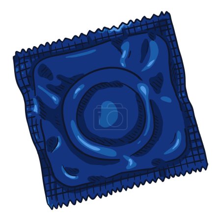 Téléchargez les illustrations : Préservatif vectoriel simple bande dessinée en emballage bleu. Illustration contraceptive. - en licence libre de droit