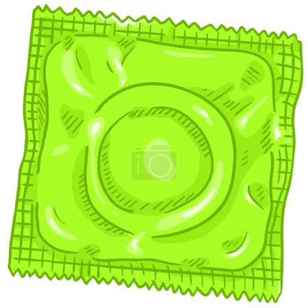 Ilustración de Vector único condón de dibujos animados en paquete verde. Ilustración anticonceptiva. - Imagen libre de derechos