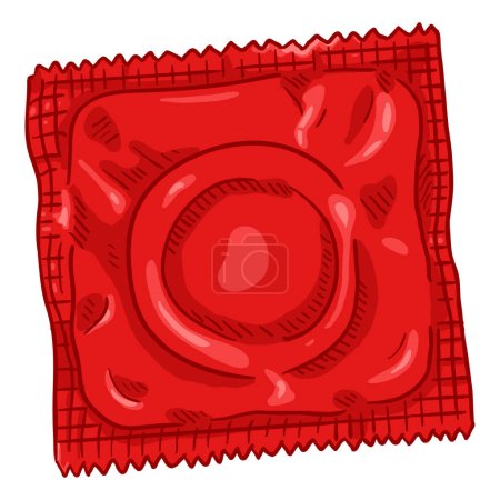 Téléchargez les photos : Préservatif de bande dessinée vectoriel simple dans le paquet rouge. Illustration contraceptive. - en image libre de droit