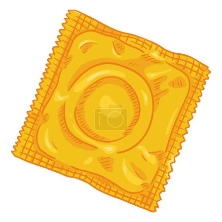 Téléchargez les illustrations : Préservatif vectoriel simple bande dessinée dans un emballage jaune. Illustration contraceptive. - en licence libre de droit