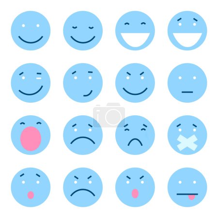 Ilustración de Conjunto de 16 Emoticones Planos Azules - Imagen libre de derechos