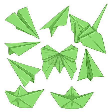 Illustration for Vector Set of Cartoon Green Paper Origami - Royalty Free Image