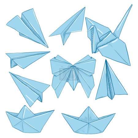 Téléchargez les illustrations : Ensemble vectoriel de bande dessinée papier bleu Origami - en licence libre de droit