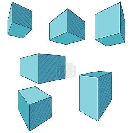Illustration for Cartoon Turquoise Cubes and Parallelepipeds. Vector Set of Perspective Drawing of Geometric Shapes. - Royalty Free Image