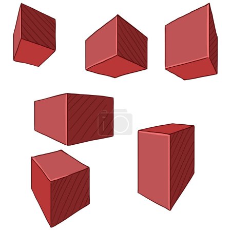Téléchargez les illustrations : Ensemble vectoriel de dessin de perspective rouge de cubes et parallélépipèdes - en licence libre de droit