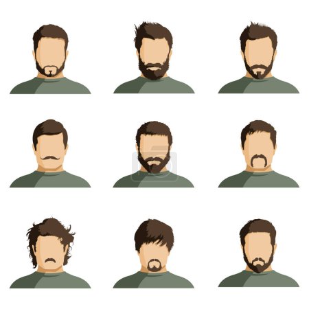 Téléchargez les illustrations : Ensemble vectoriel de visages d'homme plat avec différentes coiffures, barbes et moustaches. Userpics minimalistes. - en licence libre de droit