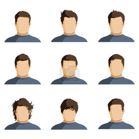 Téléchargez les illustrations : Ensemble vectoriel de visages d'homme plat avec différentes coiffures. Userpics minimalistes. - en licence libre de droit