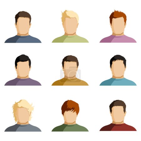 Téléchargez les illustrations : Ensemble vectoriel de visages d'homme plat avec différentes coiffures. Userpics minimalistes. - en licence libre de droit