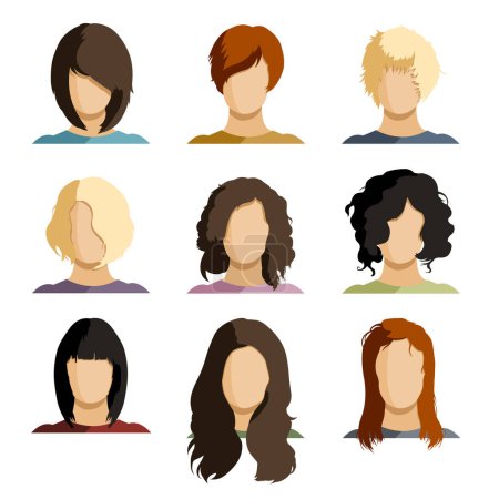 Téléchargez les illustrations : Ensemble vectoriel de visages de femmes plates avec différentes coiffures. Userpics minimalistes colorés. - en licence libre de droit