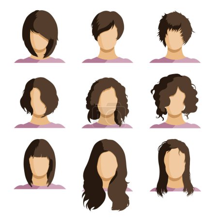 Téléchargez les illustrations : Ensemble vectoriel de visages de femmes plates avec différentes coiffures. Userpics minimalistes. - en licence libre de droit