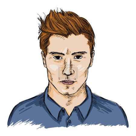 Téléchargez les illustrations : Croquis vectoriel simple visage masculin avec cheveux bruns - en licence libre de droit