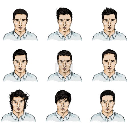 Téléchargez les illustrations : Ensemble vectoriel de visages masculins croquis couleur. Homme dessiné à la main Userpics - en licence libre de droit
