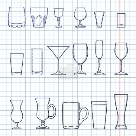 Téléchargez les illustrations : Ensemble vectoriel de croquis Stemware. Lunettes pour alcool, cocktails et boissons gazeuses - en licence libre de droit