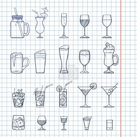 Téléchargez les illustrations : Croquis vectoriel Ensemble de boissons alcoolisées et gazeuses, liqueurs, cocktails. - en licence libre de droit