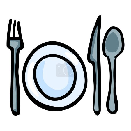 Téléchargez les illustrations : Assiette avec Couverts Doodle Icône - en licence libre de droit
