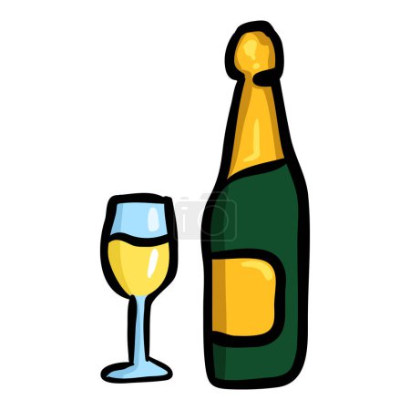 Téléchargez les illustrations : Verre et bouteille de champagne - Icône de caniche dessinée à la main - en licence libre de droit