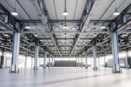 Innenraum einer sonnenbeschienenen geräumigen Lagerhalle mit Metallsäulen im Inneren einer Industrieanlage in Tageslicht-3D-Rendering