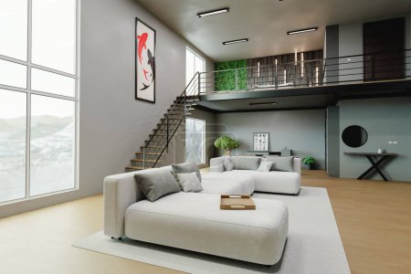 Foto de Luminoso espacio interior con un sofá y dos plantas con decoración moderna y una gran ventana 3d render - Imagen libre de derechos