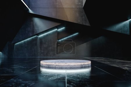 Téléchargez les photos : Podium rond en marbre blanc avec fil d'éclairage au milieu du couloir futuriste avec des murs carrelés et des lumières bleues - en image libre de droit
