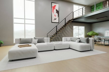 Bright interior space with a sofa and two floors with modern decoration and a big window 3d render