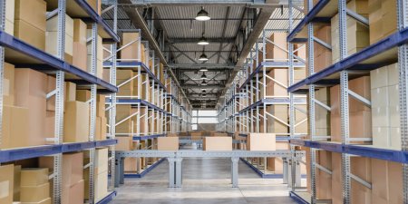 Foto de Metal conveyor with parcels located near shelves with carton boxes in spacious contemporary storehouse. 3d render - Imagen libre de derechos