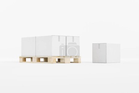 Cajas de cartón en blanco con mercancías apiladas juntas en paleta de madera sobre fondo aislado 3d render
