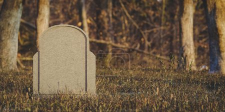 Photo for Empty gray headstone of grassy meadow near trees in cemetery on sunny autumn day. 3d render - Royalty Free Image