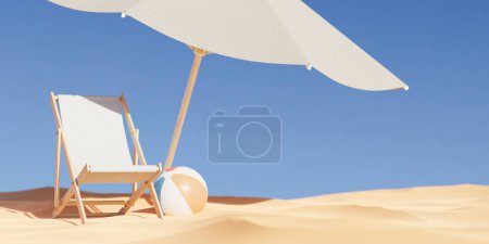 Foto de Representación 3D de la silla paraguas blanco y bola rayada colocada en la playa de arena contra el cielo azul sin nubes - Imagen libre de derechos