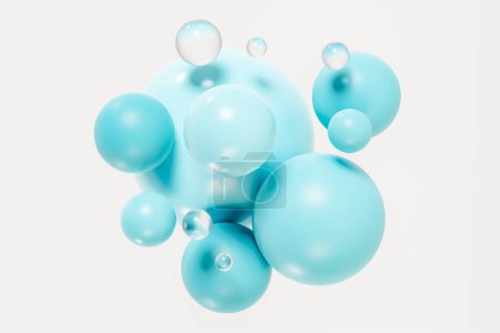 Téléchargez les photos : Illustration 3D de bulles transparentes fragiles et de sphères bleues lévitant sur fond blanc - en image libre de droit