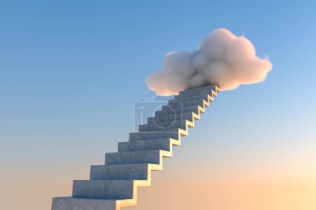Photo for 3D render illustration of stone stairway leading to white soft cloud against cloudless blue sky at sunset in heaven - Royalty Free Image