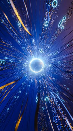 Foto de Ilustración 3D en varios cables conectados a un círculo de neón brillante contra un fondo azul en el ciberespacio - Imagen libre de derechos
