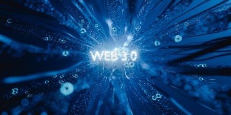 3D-Darstellung. Das Wort WEB 3.0 leuchtete und leuchtete auf einem futuristisch animierten Hintergrund. Technik, futuristisches und vernetztes Konzept.