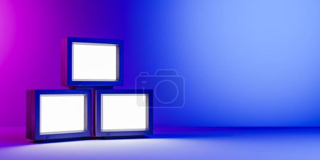 Téléchargez les photos : Trois Retro TV sur fond néon. Rendu 3d - en image libre de droit