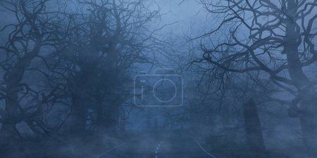 Photo for 3D rendered illustration low angle of mysterious road on dark forest with tall leafless trees in gloomy misty weather in evening time - Royalty Free Image