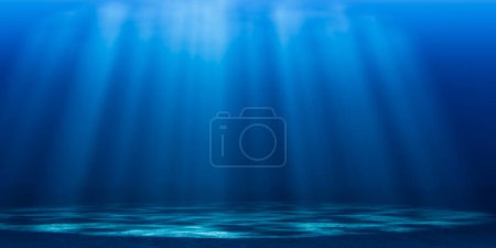 3D render illustration empty bottom of dark blue sea with clear water illuminated by sun rays during daytime-stock-photo