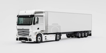 Foto de La representación 3D de la maqueta moderna del camión con el cuerpo en blanco grande como bandera contra el fondo blanco - Imagen libre de derechos