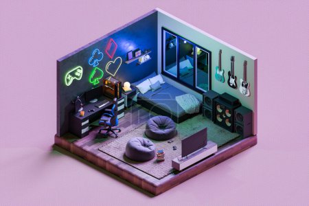 Dormitorio de oficina creativa por la noche o sala de juegos con luz de neón. Renderizado isométrico 3D