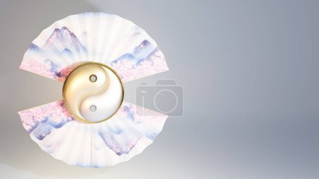 Photo for White and golden yin and yang symbol between fans with foggy mountains near spring blooming flowers print. 3d render - Royalty Free Image