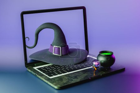 Photo for 3d rendering of black Halloween witch hat cauldron LED Light placed open laptop against violet surface in modern studio - Royalty Free Image