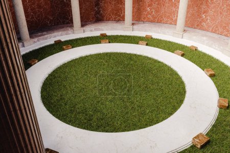 Innenraum der Rotunde mit kreisförmigem Raum, der tagsüber von Säulen und grünem Gras umgeben ist. 3D-Darstellung