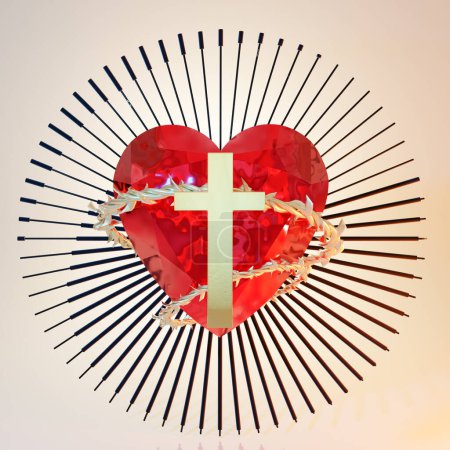 Illustration of a heart with a christian cross in the middle with lines protruding from it