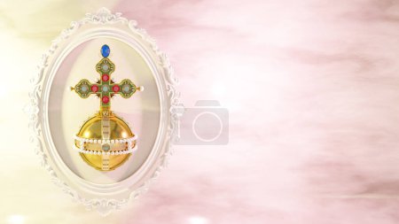 Illustration of golden globus cruciger inside oval shaped ornamental frame against pink and yellow background Christian symbol of authority. 3d render