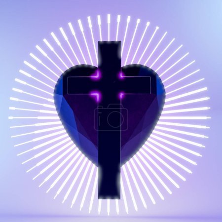Illustration eines schwarzen christlichen Kreuzes mit neonfarbenen Kanten vor dunkelblauem Herzen und weißen Streifen auf Gradientenhintergrund. 3D-Darstellung