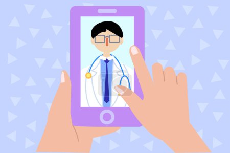 Illustration for Illustration of cartoon character of male doctor in eyeglasses stethoscope and in uniform while anonymous hand holding mobile phone and touching screen with finger for online appointment - Royalty Free Image