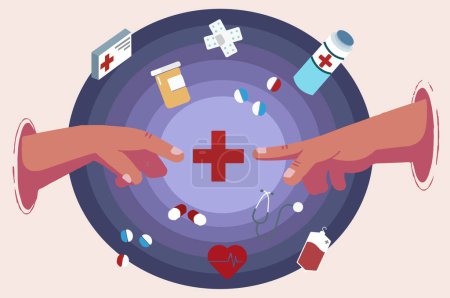 Illustration for Illustration of flat medicine information circle with blood medicines bandage cross heart symbol heartbeat capsules and stethoscope with anonymous hands and pointing fingers - Royalty Free Image
