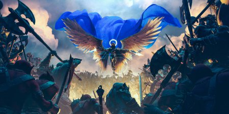 Engelhafter Dämon fliegt und kämpft über eine Horde Orks mit blauem Umhang und ausgebreiteten Flügeln in einer epischen Pose in Staub und Nebel, Lärm und chromatischen Aberrationen, um Realismus, 3D-Rendering-Konzeptkunst hinzuzufügen
