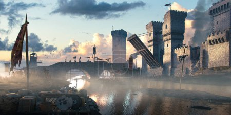 Téléchargez les photos : Paysage fantastique avec un château et pont-levis surélevé sur une rivière recevant la diplomatie des soldats avec aberration chromatique au premier plan hors foyer et bruit pour ajouter réalisme, rendu 3D concept art - en image libre de droit