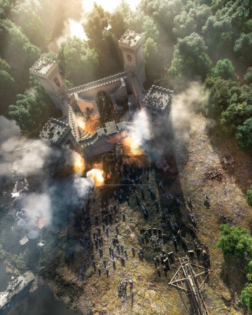 Téléchargez les photos : Château siège avec feu et fumée et une grande armée médiévale et des armes anciennes vue aérienne, aberration chromatique et le bruit pour ajouter du réalisme - concept art rendu 3D - en image libre de droit