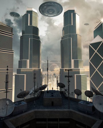 Téléchargez les photos : Ufo survolant une ville futuriste et un homme sur un toit essayant de se connecter à des extraterrestres dans l'engin spatial à travers quelques antennes, concept art, rendu 3D, bruit, fond d'aberration chromatique non focalisé - en image libre de droit